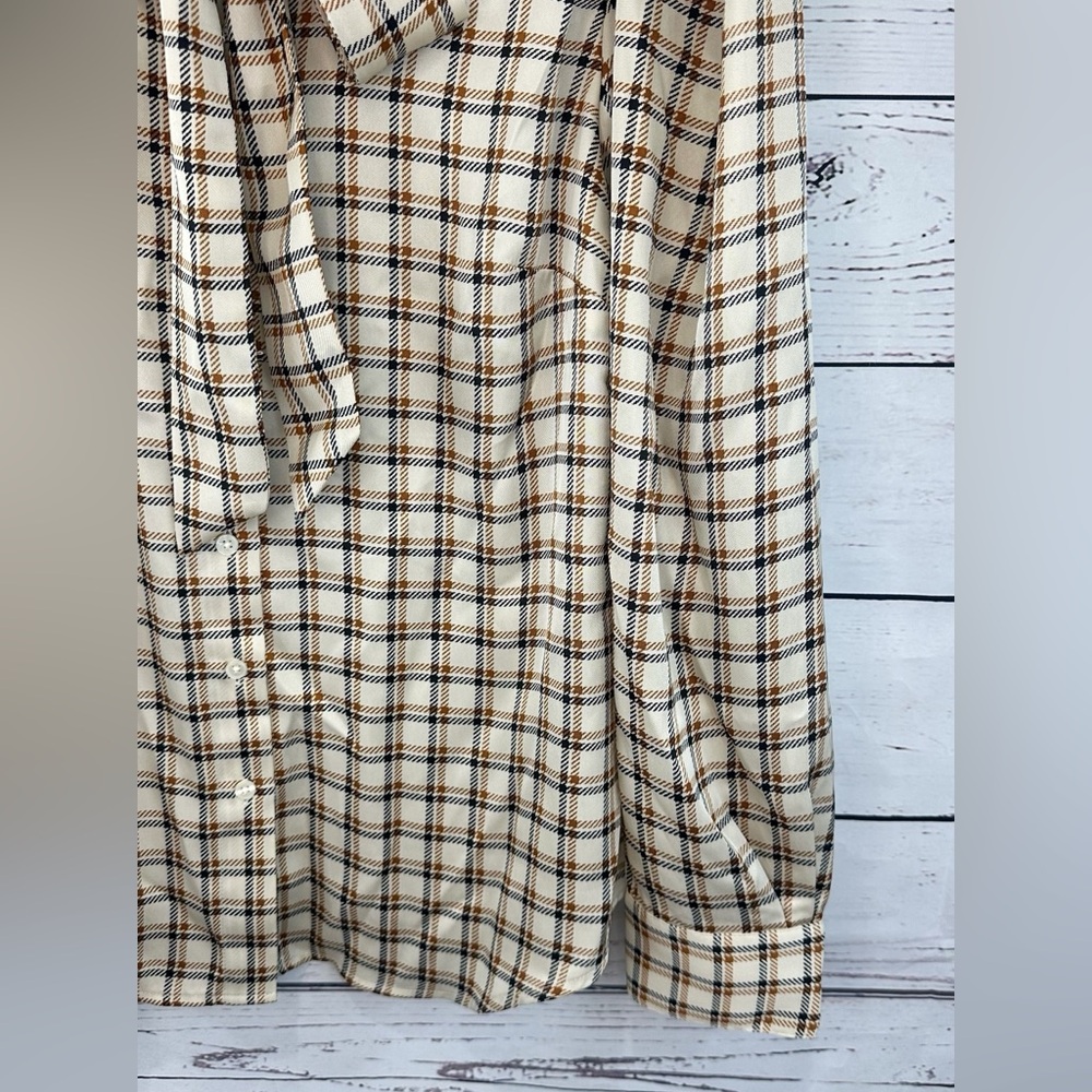 Ann Taylor Plaid Tie Neck Blouse Size 10 Cream Brown Long Sleeve - Picture 5 of 7